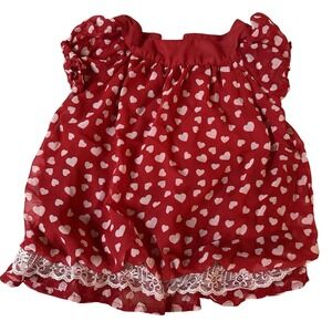 Red Heart Print Layered Sheer Top Lace‎ Trim Puff Short Sleeve Dress 3T